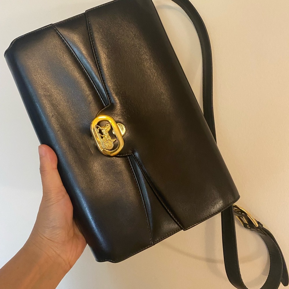 Celine vintage Black Leather Bag with Gold Clasp